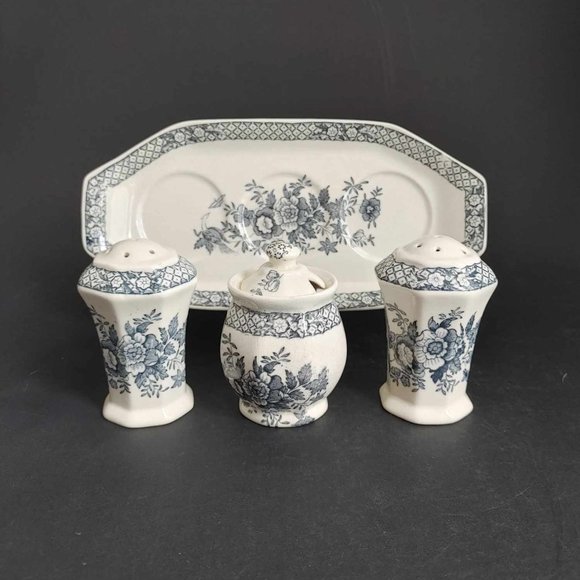 Mason's Stratford Blue Condiment Set Salt Pepper Shakers Mustard Jar Tray - Picture 2 of 11